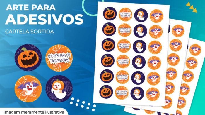 Digital - Cartela com 24 adesivos de 4cm - Dia das Bruxas