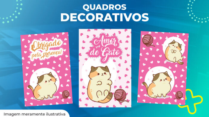 Quadro decorativo - Kit com 3 unidades 15x21cm - Gato fofo