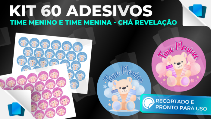 Kit 60 Adesivos para Chá Revelação - Time menino e time menina - 30 unidades de cada