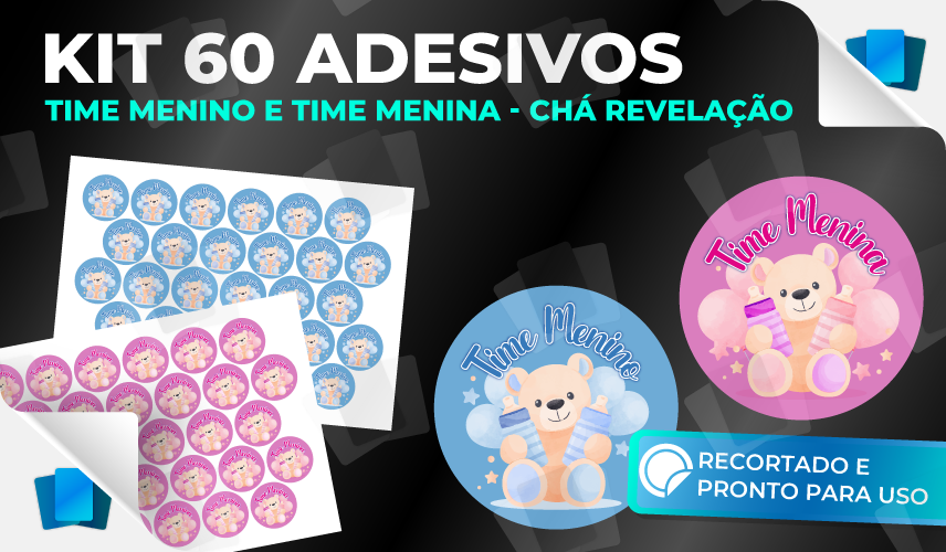 Kit 60 Adesivos para Chá Revelação - Time menino e time menina - 30 unidades de cada